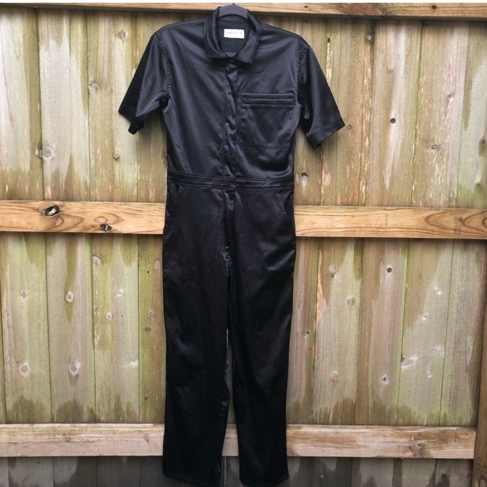 Rivet Utility Smarty Pants Jumpsuit Size M 
Black Satin Snap/zip Cropped adorbs
